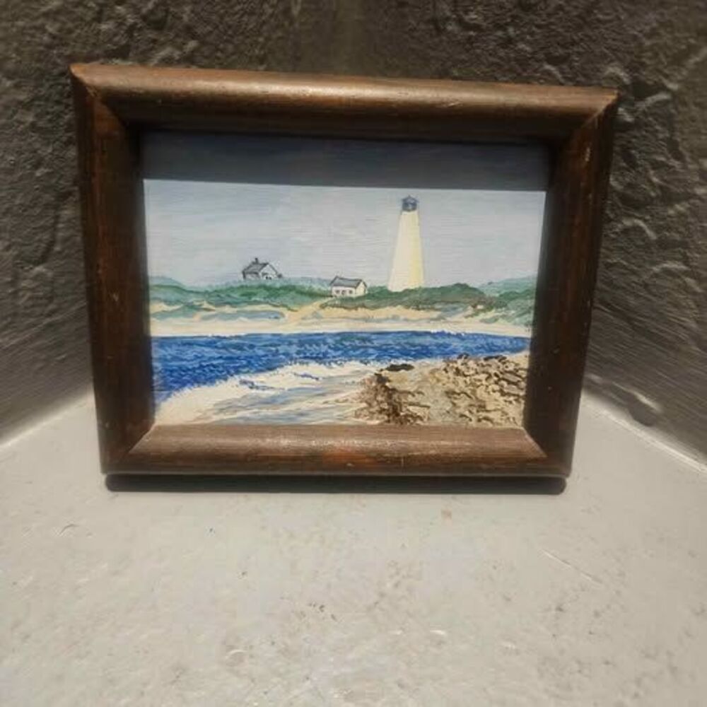 Small Framed Cape Cod Lighthouse Beach Painting 4.5" X 3.5"